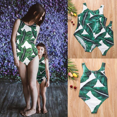 

Women Mom Kid Baby One Piece Swimsuit Swimwear Palm Tree Leaf Print Bathing Suit