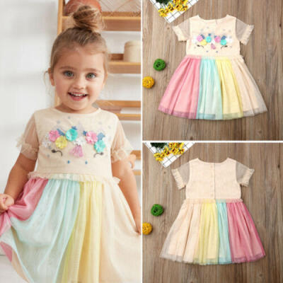 

UK Toddler Kids Baby Girl Flower Party Pageant Rainbow Tutu Tulle Dress Summer