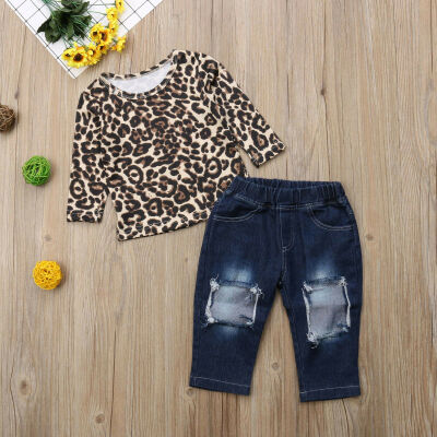 

Fashion 2pcs Kids Baby Girls Outfits Leopard TopsDestroyed Jeans Pants Clothes