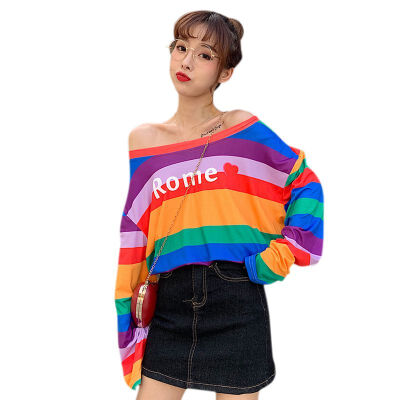 

T-Shirts Spring Autumn Women T-Shirt Stripe Printed Loose Base Casual Long Sleeve O-Neck Tees Tops