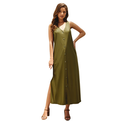 

Fashion Personality Solid Color Single-breasted Jumpsuit Skirt Skirt Split Long Vest Dress