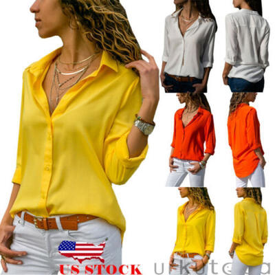 

Womens Long Sleeve V-neck Loose Tops T Shirt OL Floral Casual Button Down Blouse