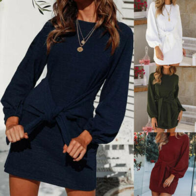 

UK Lady Long Sleeve Knitted Sweater Winter O-Neck Tie Knot Front Puff Mini Dress