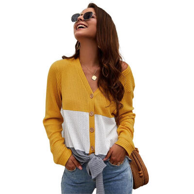 

Fashion Women Thin Cardigan Knitted Long Sleeve Splicing V-Neck Casual Tops