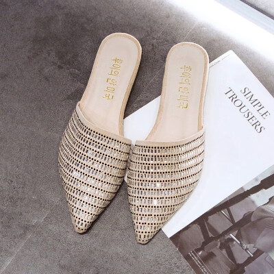 

2019 pointed flat-soled water drill slippers women wear slippers online celebrity casual sandals single shoes