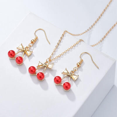 

Cute Bright Earrings Necklace Set Fruit Sexy Lips Cherry Bow Pendant Charm Sweet Girl Fashion Jewelry Earrings Necklace Set