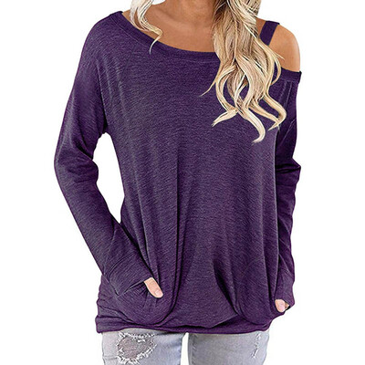 

Women Autumn Winter Fashion Casual Top with Pockets Pure Color T-shirt Loose Oblique collar Long sleeve T-Shirt