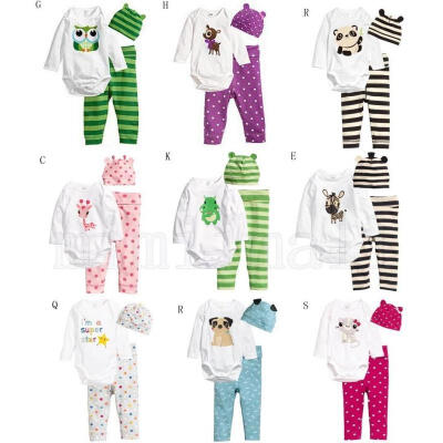 

3pcs Kid Baby Boy Girl Newborn BodysuitPantsHat Cotton Clothes Sets 4patterns