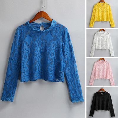 

Women Cover Up See Through Floral Lace Hollow Out High Neckline Long Sleeve Sexy Beach Blouse