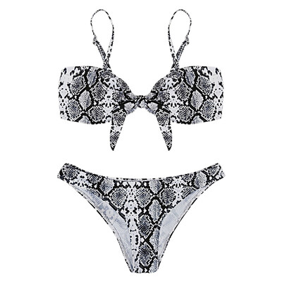 

Spaghetti Strap Backless Padded Snakeskin Print Low Waist Women Bikini Set