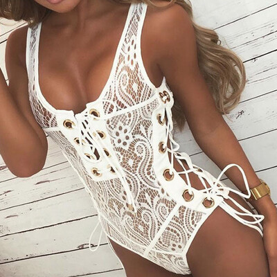 

Roseonmyhand Women Solid Lace Bandage One Pieces Bikini Swimwear Swimsuit Bodysuit