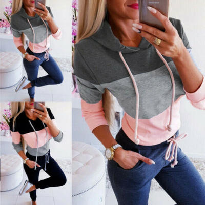 

Women Patchwork Hooded Long Sleeve Sweatshirt Hoodie Pullover Jumper Sweater Top