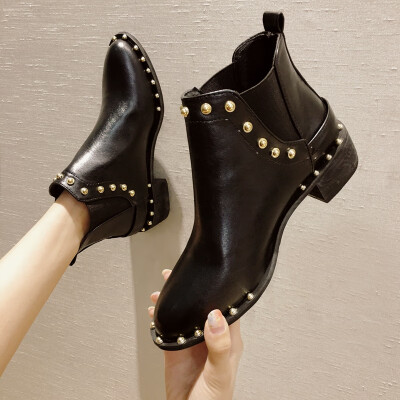 

British Wind Martin Boots Autumn European&American Fashion Rivet Coarse-heeled Metal Button Handsome Locomotive Shoes