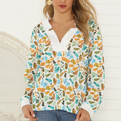 

Tailored Fashion Women Casual V-Neck Pullover Printed Long Sleeve T-Shirt Tops Blouse