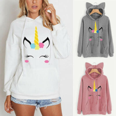 

Unicorn Women Cat Ear Hoodie Sweatshirt Hooded Coat Tops Long Sleeve Blouse