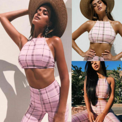 

US Women Summer Halterneck Tops TeeLong Pants Trousers Party Bodysuit Clubwear