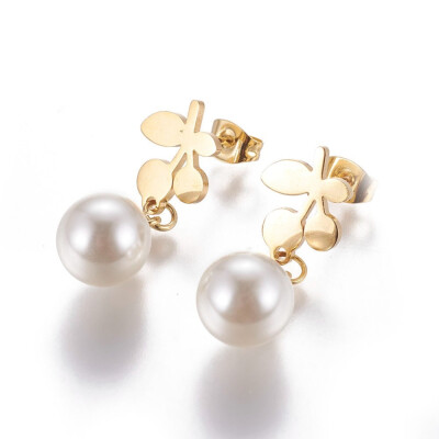 

304 Stainless Steel Dangle Stud Earrings with Plastic Imitation Pearl Cherry Golden 29mm Pin 08mm