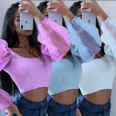 

Women Puff Sleeve Deep Square Neck See Through Lace Crop Top Blouse Shirt Loose