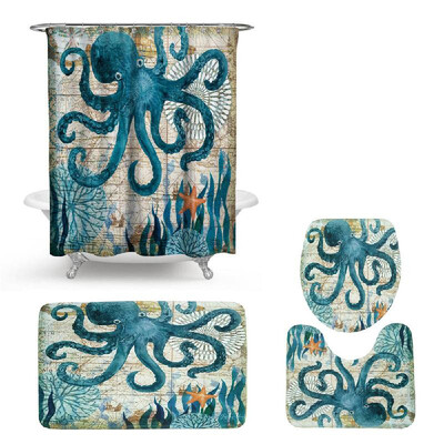 

4Pcs 3D Digital Printing Mats Bath Mat Shower Curtain Toilet Cover Pedestal Mat Summer Turtle Octopus Starfish Pattern Mats Kit
