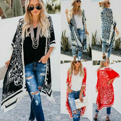 

Womens Chiffon Shawl Print Kimono Cardigan Top Cover Up Blouse Beachwear 2019