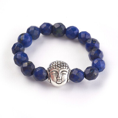 

Natural Lapis Lazuli Strech Rings with Alloy Buddha Beads Faceted Round Antique Silver Size 8 18mm