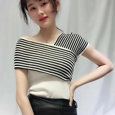 

Women Sexy Summer Harajuku Tshirt Short Sleeve Striped Print Knitted T-Shirt