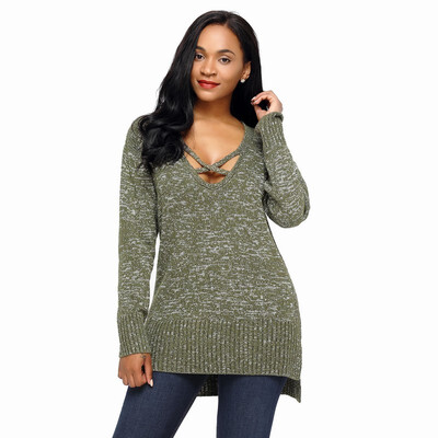 

Deep V-neck cross stitch long sleeve pullover casual knit sweater womens