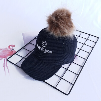 

Childrens hat autumn&winter boys baseball cap wick velvet girls cap big hair ball baby hat Korean version tide