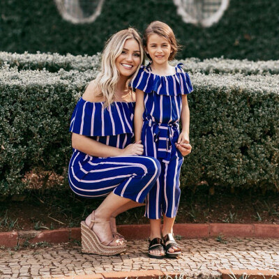 

Gobestart Mommy＆Me Family Women Ruffled Off Shoulder Striped Print One-Piece Jumpsuit