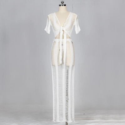 

Sexy Women Two-piece Set Sheer Knitted Crop Top V Neck Bodycon Slim Split Long Skirt Solid Suits BlackWhiteCamel