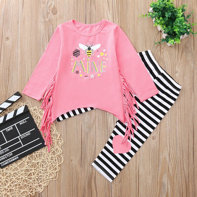 

Kids Baby Girls Long Sleeve Letter Print Flow CombTopsStriped Pants Set Clothes