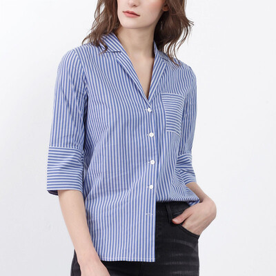 

CANVAUS Summer New Women Cotton Fashion Striped Slim Pockets Turn-down Collar Three Quarter Sleeve Blouse Shirt Tops CS8017D
