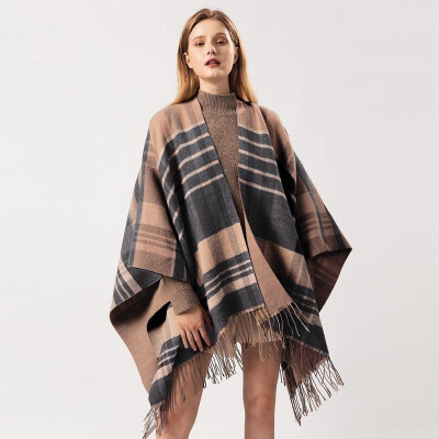 

Women Poncho Cardigan Sweater Contrast Color Plaid Print Cashmere Capes Shawl Scarf Outerwear