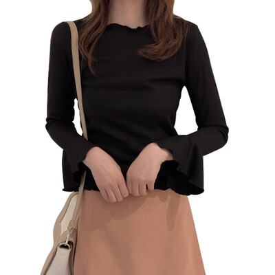 

Ruffled Neckline Trumpet Sleeves Slim Bottoming Shirt Fashion Simple Solid Color Womens T-shirt