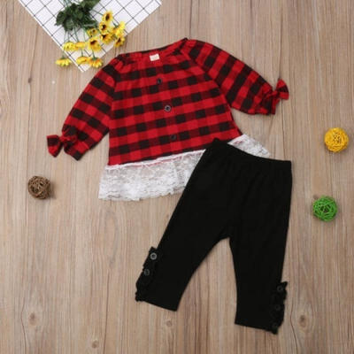 

Christmas Newborn Kids Baby Girls Plaid Lace Tops T-shirtLong Leggings Pants 2Pcs Outfits Clothes