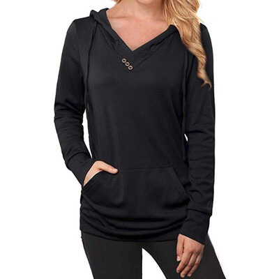 

New Women Long Sleeve Hoodie V-Neck Pullover Sweatshirt Pocket Hooded Hoodie Solid Color Loose Hoodie