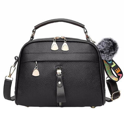 

Women Solid Color Faux Leather Tote Crossbody Shoulder Bag with Pompom Pendant
