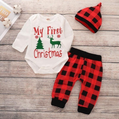 

My First Christmas Newborn Baby Boy Girl Romper Pants Hat 3Pcs Outfit Clothes