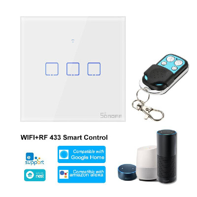 

SONOFF T1UK3C-TX 3 Gang Smart WiFi Wall Light Switch 433Mhz Wireless Control RF Remote Controller APPTouch Control Timer UK Stand