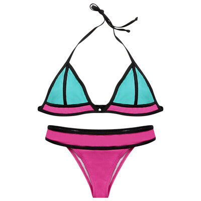 

Halter Neck Backless Padded Color Blocking Low Waist Swimsuit Women Bikini Set