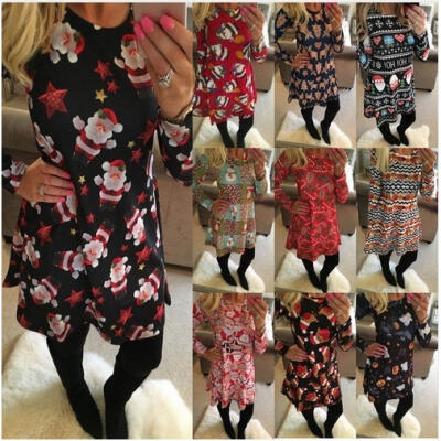 

Christmas Xmas Santa Print Long Sleeve Dress Ladies Evening Party Mini Dress LONG