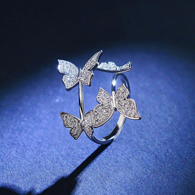 

925 Sterling Silver Adjustable Opening Butterfly Ring Zircon Rings Female Party Jewelry Gifts