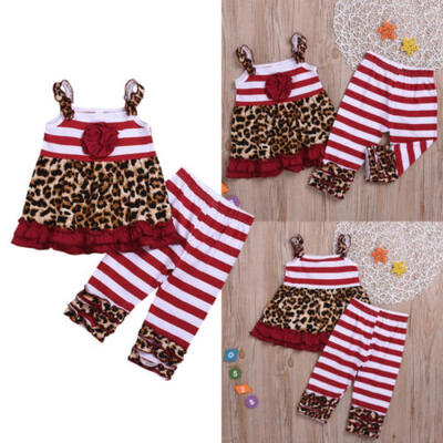 

US 2PCS Kids Baby Girl Summer Outfits Set Leopard Ruffle Top Stripe Pant Sunsuit