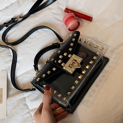

New bag female 2019 new Korean version of the wild shoulder slung fashion rivet portable transparent jelly small square bag