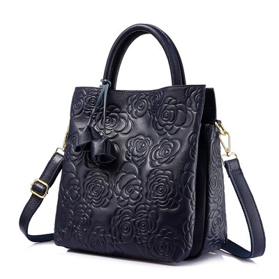 

REALER brand genuine leather handbag female leather black tote bag high quality floral embossed handbag ladies shoulder bag