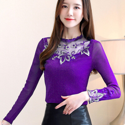 

Tailored Fashion Women Long Sleeve Elegant Lace Blouse Hollow Out Chiffon Shirt