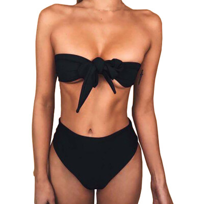 

Roseonmyhand Women Bikini Set Swimwear Push-Up Padded Solid Off Shoulder Swimsuit Beachwear