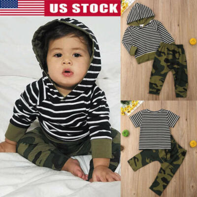 

US STOCK 2PCS Infant Baby Boy T-shirt Top Camouflage Pants Outfit Clothes Set