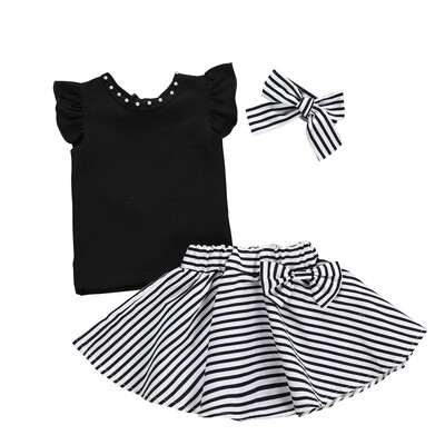 

3PcsSets Summer Baby Girl Casual Fly Sleeve T-shirt Tops Stripe Skirts Headband Outfits Set