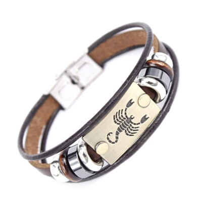 

Fashion 12 Constellation Signs Bracelet with Stainless Steel Clasp Leather Bracelet